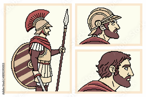 Ancient greek roman warrior soldier character pixel art vector illustration set with helmet, shield, spear, and sword, plus headshots of bearded men for historical and mythological themes