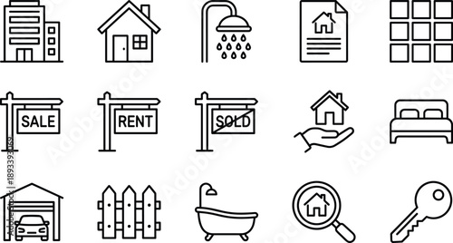 Real estate line icons set featuring house, apartment, sale sign, rent, sold, garage, key, bathroom, and property symbols,