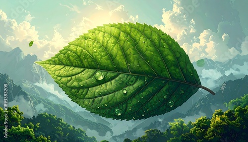 A large green leaf overlooks a serene mountain landscape