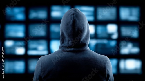 Wallpaper Mural In a dimly lit room, a figure clad in a dark hoodie stands silently, gazing intently at a wall filled with flickering virtual screens. The atmosphere is filled with intrigue and mystery Torontodigital.ca