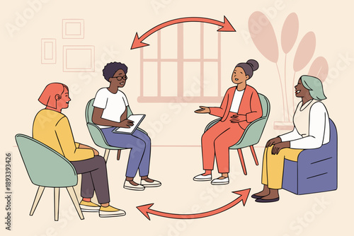 Diverse group of people in a therapy session, seated in a circle, engaging in open communication and support, symbolizing mental health and community.