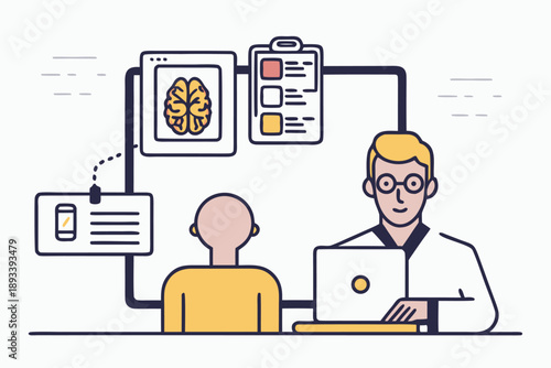 Doctor consulting patient with brain scan and medical records on screen, vector illustration for healthcare and technology concepts.