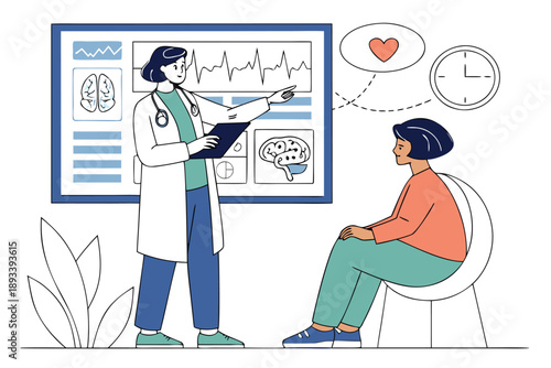 Doctor explaining brain health and heart condition to patient, vector illustration, medical consultation and healthcare concept