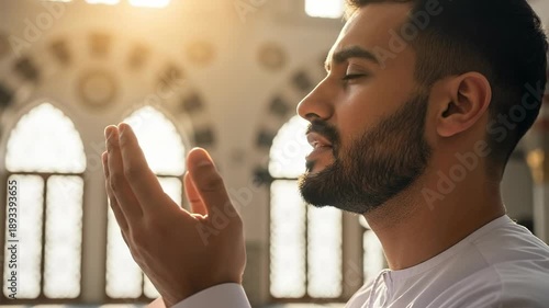 Young adult bearded Muslim man praying with open hands in a mosque, spiritual devotion and supplication during Islamic prayer, profile view of religious worship.