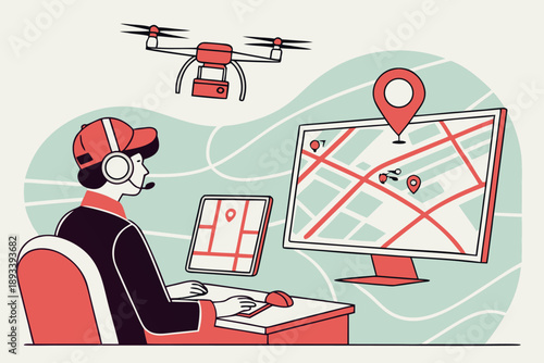 Drone pilot controlling unmanned aerial vehicle for delivery or surveillance, monitoring gps map on computer screen.