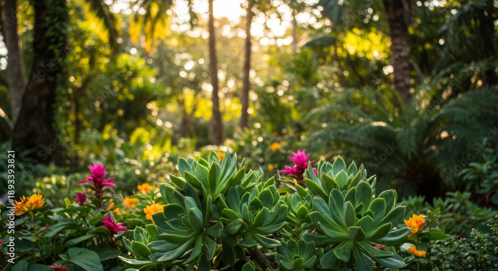 Naklejka premium Vibrant Pink and Orange Flowers in Lush Green Tropical Garden