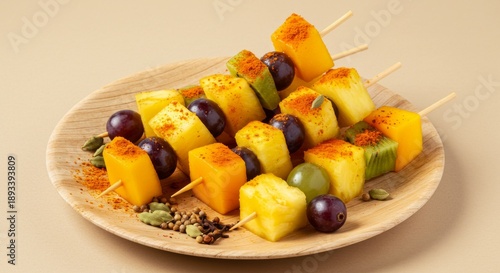 Colorful Fruit Skewers with Spice on Wooden Plate