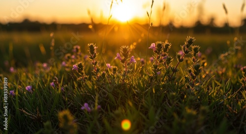 Sunset Field of Purple Flowers and Golden Grass