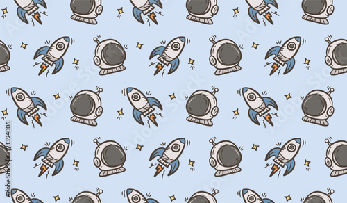 Space rocket background. Doodle spaceship pattern background. Astronaut seamless pattern background. Outer space hand drawn seamless pattern wallpaper.