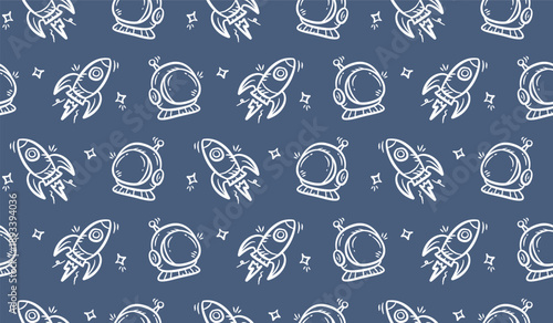 Space rocket background. Doodle spaceship pattern background. Astronaut seamless pattern background. Outer space hand drawn seamless pattern wallpaper.