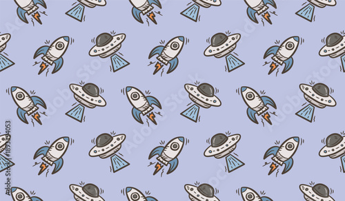 Space rocket background. Doodle alien spaceship pattern background. Ufo seamless pattern background. Outer space hand drawn seamless pattern wallpaper.