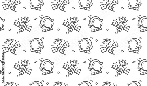 Astronaut background. Doodle satellite pattern background. Spacecraft seamless pattern background. Outer space hand drawn seamless pattern wallpaper.