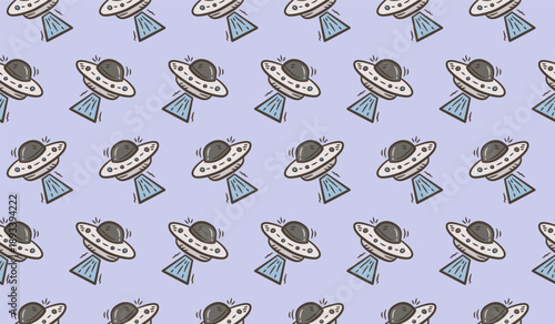 Ufo doodle background. Doodle alien spaceship pattern background. Spacecraft seamless pattern background. Outer space hand drawn seamless pattern wallpaper.