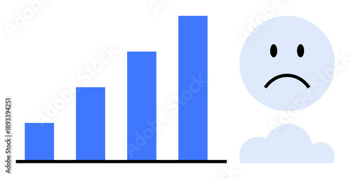 Business decline. Bar chart falling growth levels, paired with a sad face icon negative outcomes. Ideal for business reports, marketing, finance, corporate strategy, data visualization