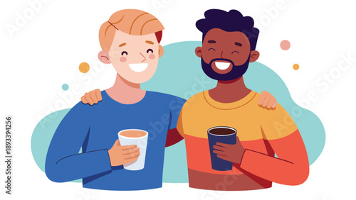 Two happy friends enjoying coffee together in a friendly atmosphere