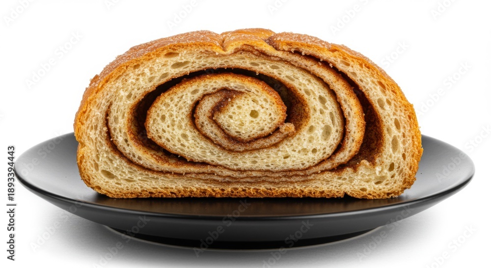 Fototapeta premium Closeup of a Golden Brown Cinnamon Roll on a Black Plate