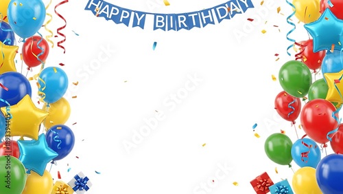 Happy Birthday Text Banner with Confetti and Streamers Isolated on White Background