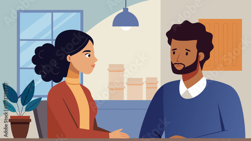 A man and woman having a conversation in a modern office setting