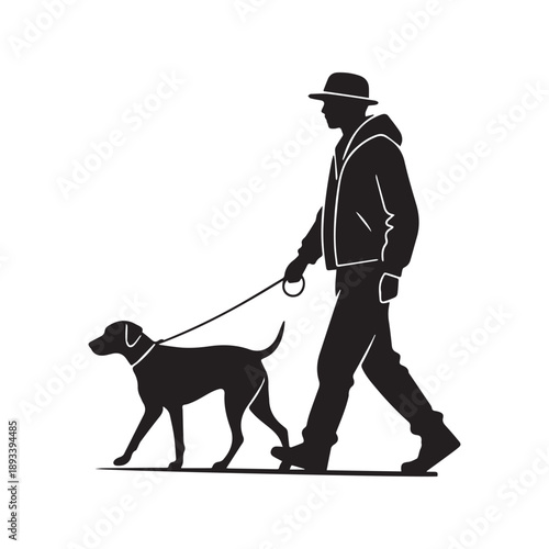 Black Silhouette of a Man in a Hat Walking a Dog on Leash.