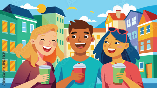 Three friends enjoying coffee together in a vibrant urban setting