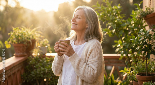 Happy senior woman holding steaming coffee cup on sunny balcony with plants, enjoying peaceful morning fresh air and warm golden sunlight.
