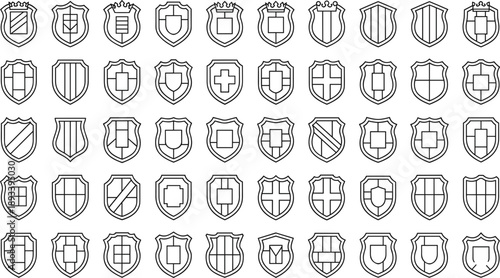Shield icon set collection with medieval heraldic protection emblems outline style vector symbols for branding design and security