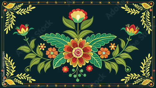 A vibrant floral design with colorful flowers and leaves on a dark background