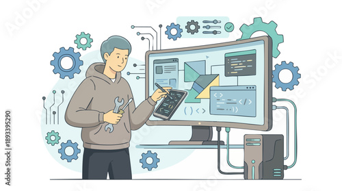 A person working on software development and system maintenance with a computer and tools.