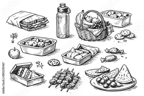 Hand Drawn Picnic Snacks and Drinks Sketch Style Vector Collection