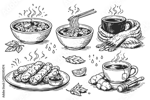 Hand Drawn Rainy Day Comfort Meals Sketch Vector Collection
