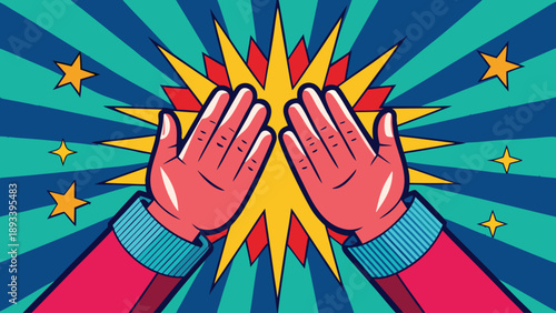 A colorful illustration of hands clapping in a comic book style explosion