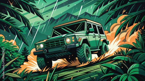 A green 4x4 vehicle drives through a jungle with rain and fire