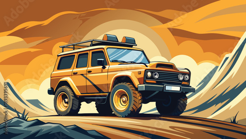 An orange SUV drives on a desert road with a vibrant sunset in the background