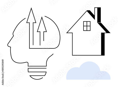 Sustainable technology, innovation, renewable energy, home development, future planning, eco-living. Line art shows a human head with arrows, house and cloud. Sustainable technology and innovation