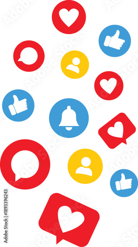 Social media icons with hearts likes comments and notifications