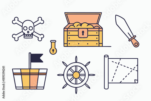 Pirate themed vector icon set: treasure chest, skull and crossbones, ship wheel, cutlass, flag, and ship bow