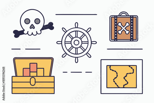 Pirate adventure vector illustration set: skull, ship wheel, treasure chest, map, and flag