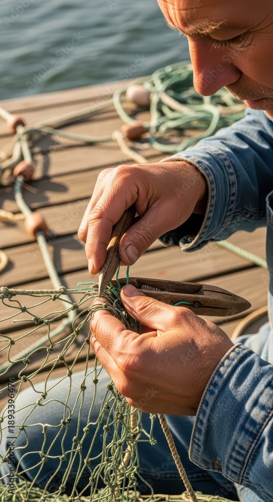 Fototapeta premium Fisherman meticulously mends large netting on a wooden pier beside calm water