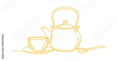 Illustration of a Japanese tea drinking set that includes a teapot, cup, and spoon, all drawn in a one-line style on a clean white background