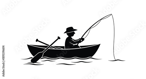 A fisherman in a boat casting a line depicted as a striking silhouette
