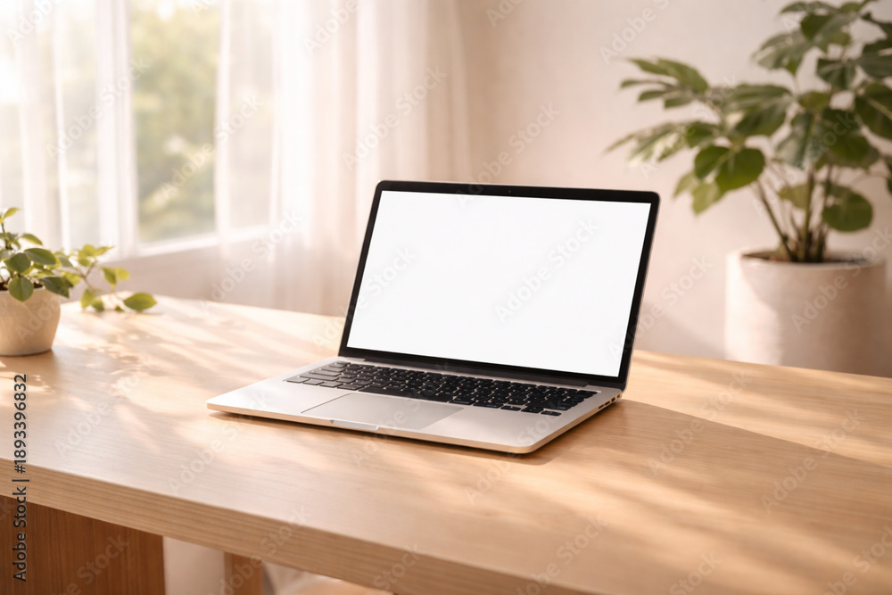 Fototapeta premium Peaceful Minimal Home Office Scene With Laptop and Blank Screen On Wooden Desk And Daylight, Clean Scandinavian Style with Natural Light, Minimalist Workspace Mockup, for remote work 