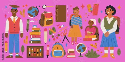 Diverse students and school supplies in a colorful illustrated composition