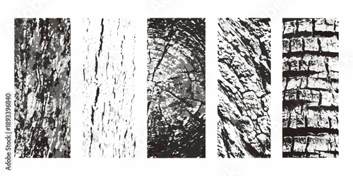 Five vertical panels displaying varied tree bark textures in grayscale