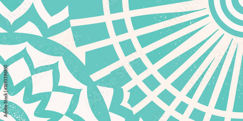 Abstract turquoise pattern with radiating lines and floral shapes