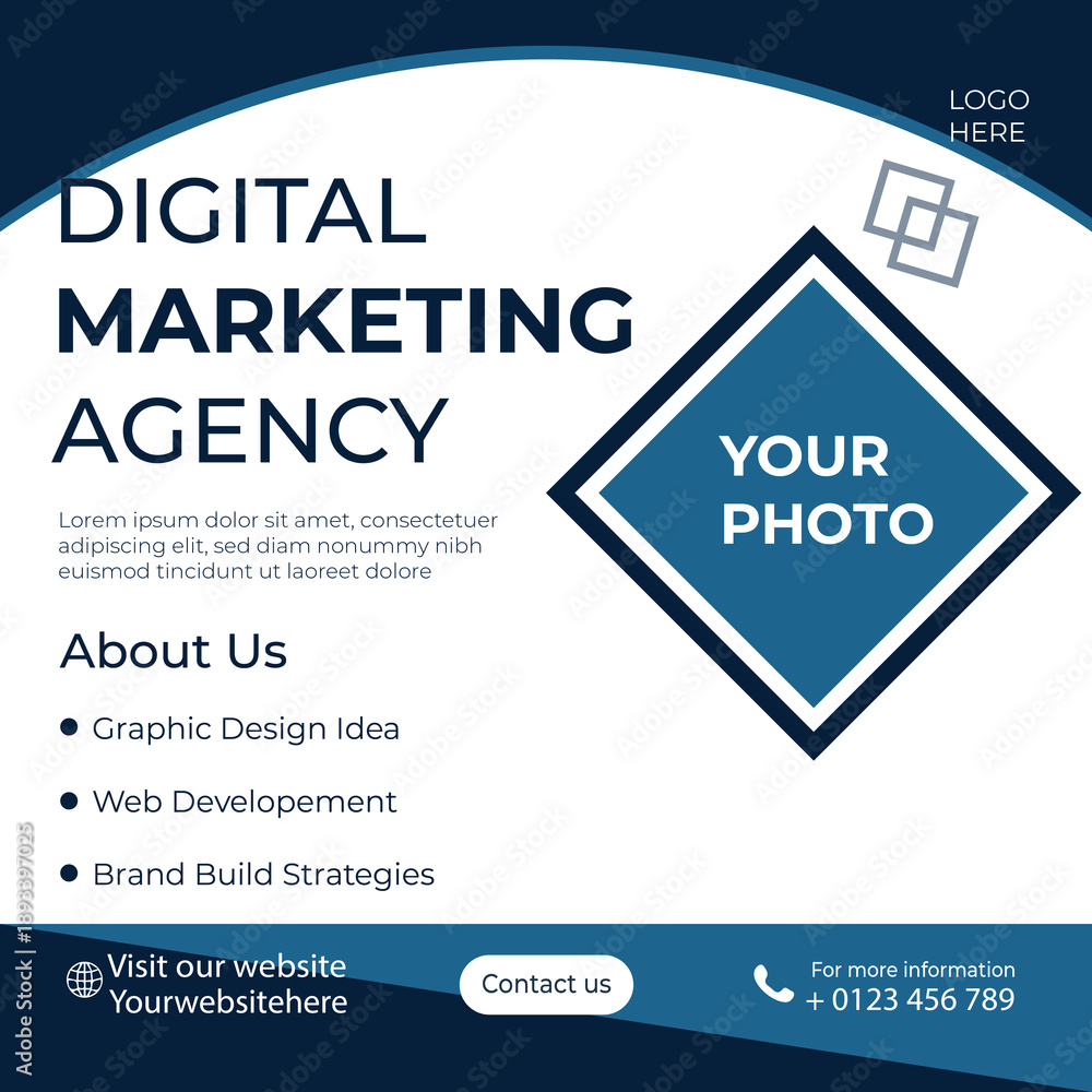 Obraz premium Digital marketing agency flyer with modern blue layout professional design for branding web services and promotion