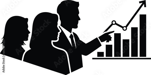 Silhouette of business team looking at growing graph and chart with arrow pointing up