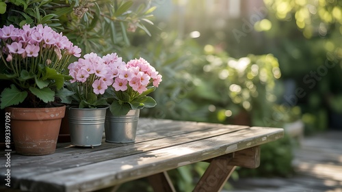 Wallpaper Mural Pink primrose flowers in pots on a wooden table outdoors Torontodigital.ca