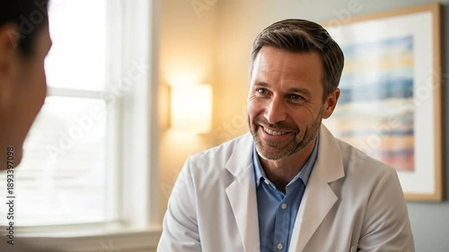 Smiling middle aged male doctor in white coat talking to patient in medical office, professional healthcare consultation and friendly physician support