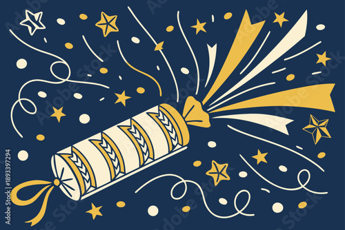 Exploding party popper vector illustration with falling stars and confetti on dark blue background, festive celebration and new year concept, graphic design element