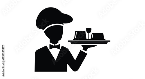 Chef presenting desserts on a tray a striking black silhouette